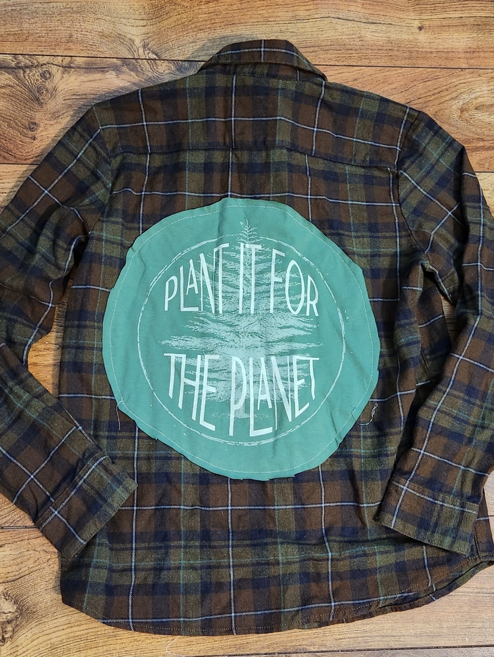 Upcycled Plaid Flannel Shirt "Plant It For The Planet' Back Patch, Size Youth XL